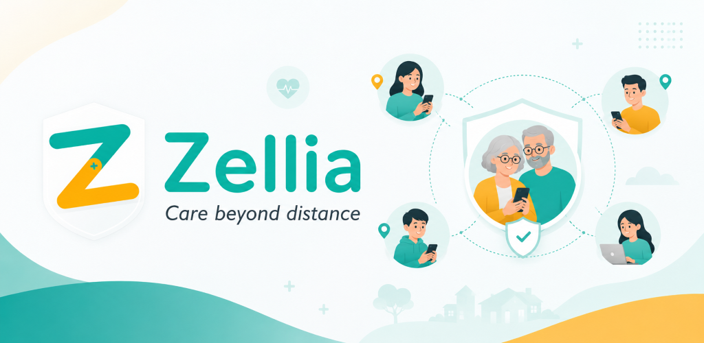 Zellia family health app showing medication reminders, vitals tracking, and elder care features